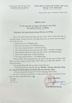 THÔNG BÁO VIỆC TẠM THU CÁC KHOẢN THÁNG 9 TRƯỜNG TIỂU HỌC AN HƯNG