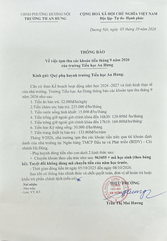 THÔNG BÁO VIỆC TẠM THU CÁC KHOẢN THÁNG 9 TRƯỜNG TIỂU HỌC AN HƯNG